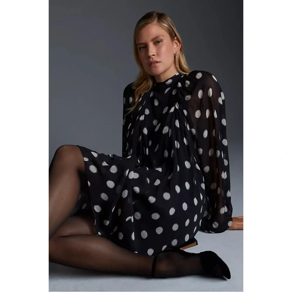 Anthropologie Maeve Black Sheer Long-Sleeve Polka Dot Mini Dress M NWT - Picture 6 of 11
